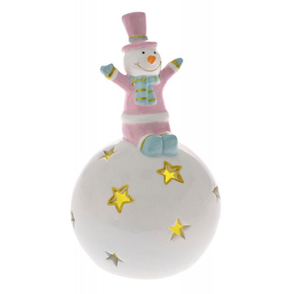 Χριστουγεννιάτικη Μπάλα Κεραμική Λευκή με Λαμπάκι Χιονάνθρωπος (13cm)